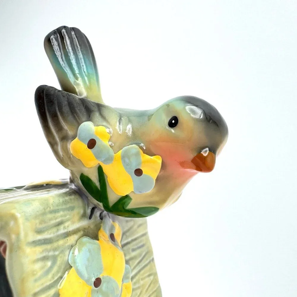Bird Green Birdhouse Floral Trinket Box with a White Bird Figurine 2